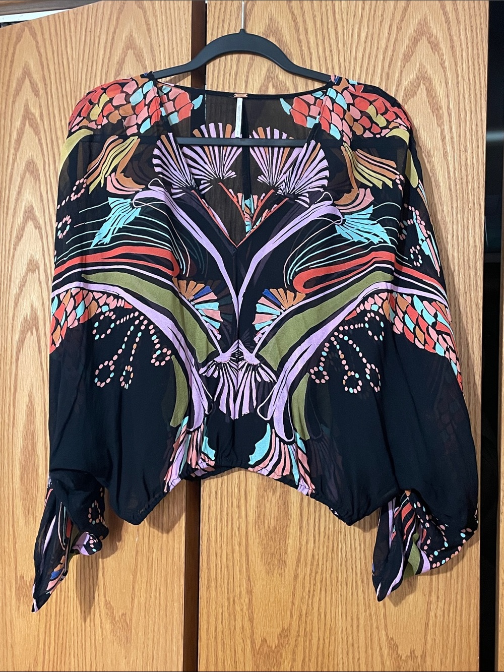 Free People Black Floral-Print Dolman Blouse with Multicolor Motif - Picture 1 of 11